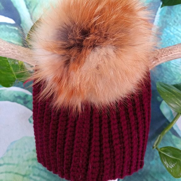 REAL FOX FUR Puff Beanie (Wine) - Picture 1 of 4